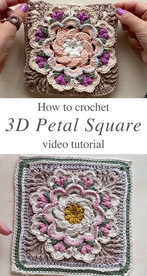 Crochet 3D Petal Granny Square: A Step-by-Step Guide - CrochetBeja Crochet Music, Classic Granny Square, Crochet Book Cover, Crochet Flower Squares, 3d Crochet, Loom Crochet, Crochet Flower Blanket, Crochet Stitches For Beginners, Crochet Videos Tutorials