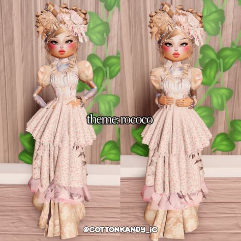 dress to impress theme rococo outfit inspo no vip Dress To Impress Theme No Vip, Dress To Impress Ideas No Vip, Rococo Dress To Impress, Rococo Outfit, Rococo Dress, Dti Hacks, Dti Ideas, Dti Fits, Dti Outfits