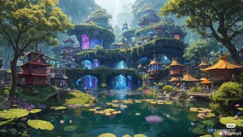 Water City Concept Art, City Background Landscape, Dnd World Building, Fantasy Art Ideas, Witch Concept, Elf City, Minecraft World Ideas, City Concept Art, Forest Environment