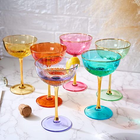 Speakeasy Style, Summer Wine Drinks, Crystal Martini Glasses, Champagne Martini, Colored Wine Glasses, Art Deco Color, Colorful Cocktails, Cocktail Glassware, Colored Glassware