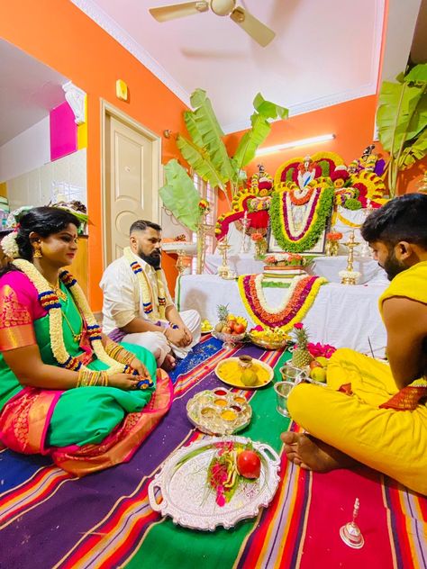 Satyanarayana Pooja Decoration Ideas, Pooja Decoration Ideas, Settle Wallpapers, Never Settle Wallpapers, Puja Ghar, Pooja Decoration, Housewarming Decorations, Pooja Room Design, Temple Art