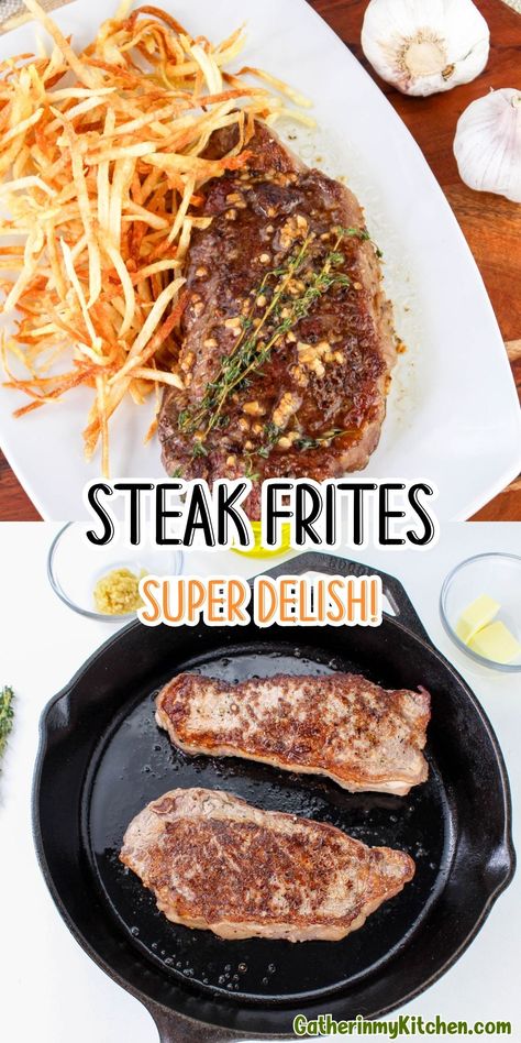 This is the best homemade steak frites recipe.  It's a delicious steak dinner with homemade french fries.  Perfect date night food. Homemade Steak Fries, Steak Frites Recipe, Date Night Dinner At Home, Breakfast Casserole With Bread, Date Night Food, Night Dinner Recipes, Delicious Steak, Homemade Fries, Crispy Fries