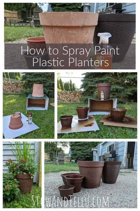 Step-by-Step Instructions for how to spray paint plastic planter pots. Only a few supplies are needed to turn old plastic planters into new-looking garden pots. Free printable directions included. #spraypaint #spray #paint #garden #planters #pots #containers #plastic #curbappeal #budget How To Paint Plastic Planters, Spray Paint Plastic Planters, Spray Paint Plastic, How To Spray Paint, Paint Plastic, Diy Spray Paint, Plastic Plant Pots, Patio Pots, Container Gardening Flowers