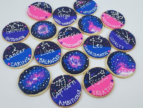 Zodiac sign cookies with some added galaxy designs. I'm a sucker for a good horoscope and although its leo season the best time is coming near (virgo season)! 😉 Teen Party Food, Sagittarius Birthday, Candy Birthday Cakes, Sweet 16 Birthday Cake, Virgo Season, 16 Birthday Cake, Leo Season, Zodiac Birthdays, Birthday Party For Teens