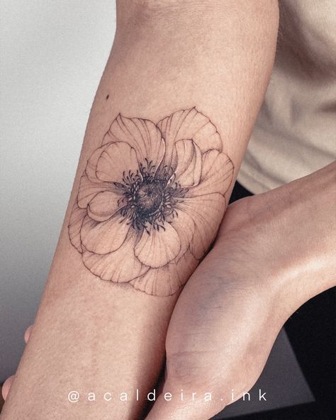 Fine Line Anemone Tattoo, Anenome Flower Tattoos, Sadie Tattoo, Fineliner Flowers, Anemone Flower Tattoo, Floral Fine Line Tattoo, Anenome Flower, Anemone Tattoo, Ray Tattoo