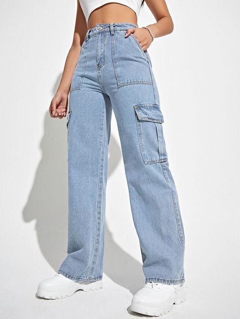 Vaqueros cargo de talle alto con bolsillo con solapa Denham Jeans, Moda Jeans, Shein Outfits, Jeans Cargo, Blouse Sleeveless, Baggy Pants, Women Denim Jeans, Cargo Jeans, Plus Size Jeans