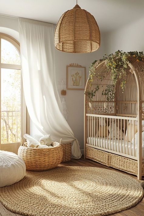 Create a boho-inspired nursery with vintage decor for a charming, cozy feel. #BohoNursery #VintageDecor #BabyRoom Organic Modern Nursery, Rustic Baby Boy Nursery, Upholstered Window Seat, Neutral Nursery Ideas, Nursery Design Neutral, Rustic Plant Stand, Unfinished Wood Furniture, Sabi Aesthetic, Wabi Sabi Aesthetic