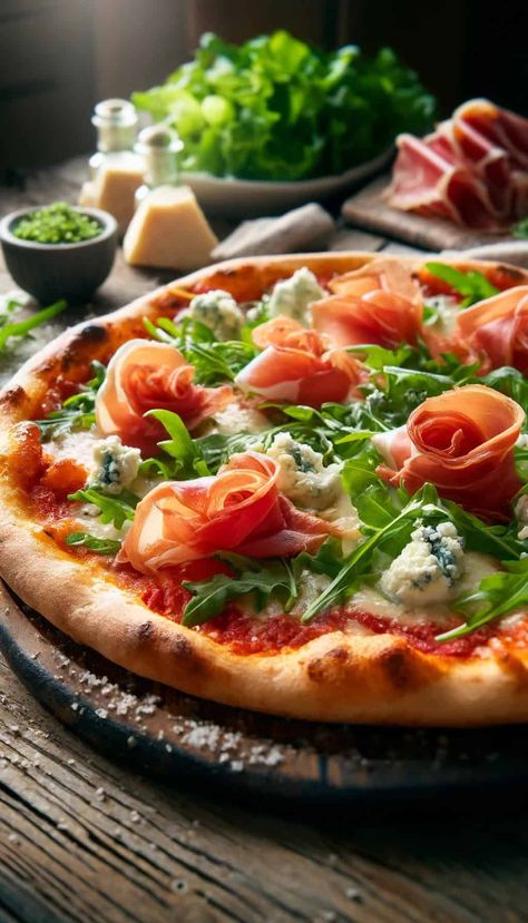 Prosciutto and Arugula Pizza Recipe - World Cuisines Network Arugula Pizza Recipes, Goat Cheese Pizza Recipes, Prosciutto Arugula Pizza, Cheese Pizza Recipe, Arugula Pizza, Prosciutto Pizza, Goat Cheese Pizza, Leftover Pizza, Artisan Pizza