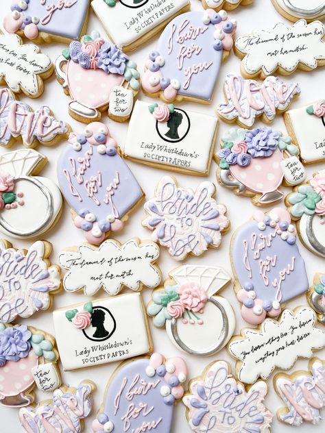 Royal icing cookies. Bridgerton cookies. Tea party cookies. Bachelorette cookies. Bridgerton Themed Cookies, Bridgerton Goodie Bags, Jane Austen Cookies, Bridgerton Hen Party, Bridgerton Cookies, Cookies Tea Party, Bridgeton Party, Tea Party Food Ideas, Bridgerton Brunch