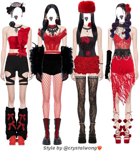 Red Fishnet Tights, Red Color Outfits, Tulle Gloves, Kpop Clothes, Red And Black Outfits, Kpop Fits, Kpop Concert Outfit, Preformance Outfits, Fashion Top Outfits