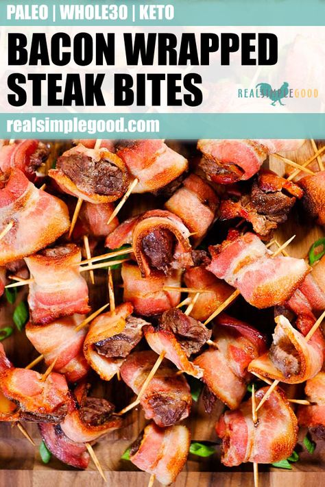 These bacon wrapped steak bites are the ultimate Paleo, Whole30 and Keto appetizer! These delicious little morsels are guaranteed to be a hit at your next football party or family gathering. Such a quick and easy appetizer, you'll make these bacon wrapped steak bites over and over again! | realsimplegood.com  #paleo #keto #whole30 #appetizer via @realsimplegood Bacon Wrapped Steak Bites, Steak Appetizers, Bacon Wrapped Steak, Bacon Appetizers, Light Appetizers, Easy Bacon, Whole30 Keto, Quick And Easy Appetizers, Smoked Meat