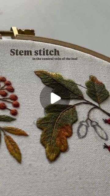 Aliaksandra Dzyachenka on Instagram: "I used stem stitch to embroider the central vein of the leaf in this video.
.
Autumn Heart embroidery pattern is available on my Etsy-store, first link in bio🍁.
.
#embroidery #embroiderypattern #embroideryprocess #embroiderydesign #autumnembroidery #dmcthreads" Embroidered Fall Leaves, Autumn Leaves Embroidery, Embroidered Leaves Leaf Design, Ivy Leaf Embroidery, Autumn Leaf Embroidery, Autumn Leaves, Etsy Store, Embroidery Patterns, Embroidery Designs