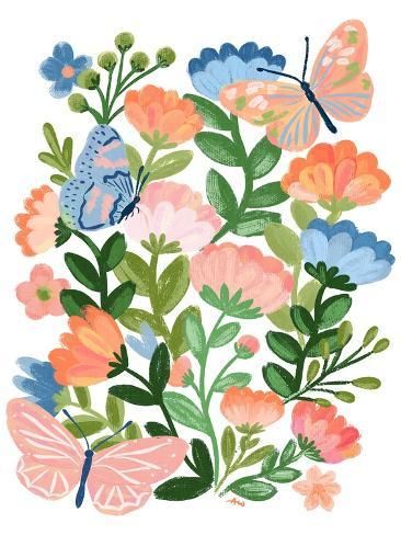 size: 12x9in Art Print: Butterfly Garden by Angel Nicole : Floral Butterfly Wallpaper, Butterfly And Flower Painting, Flower Murals, Veranda Cafe, Butterfly Garden Art, Butterfly Bouquet Print, Butterfly Garden Illustration, Butterfly Print Pattern, Anthropologie Butterfly Wallpaper