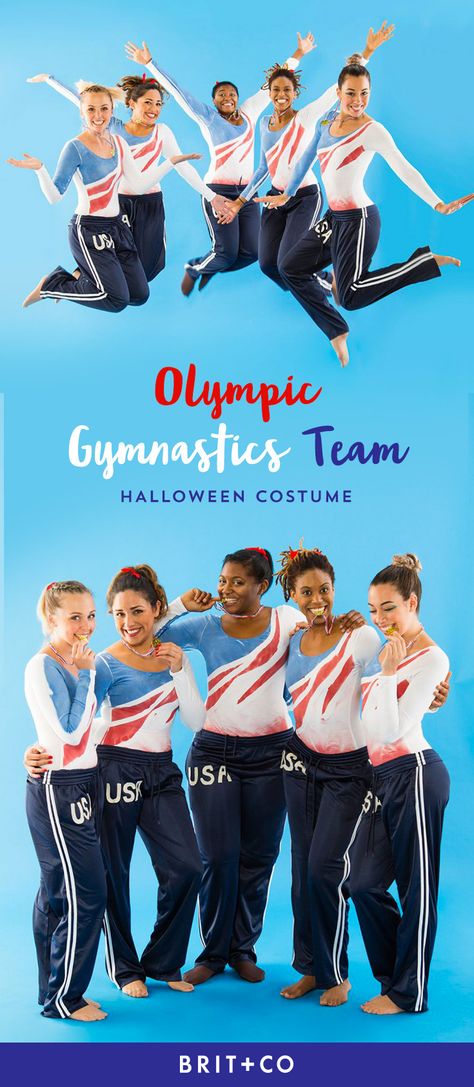 Save this DIY group costume idea to learn how to dress up as the Olympic Gymnastics Team for Halloween. Olympic Theme Outfit, Olympics Dti Outfit, Olympics Theme Party Outfit, Olympics Halloween Costume, Olympic Athlete Costume, Olympics Outfit Ideas, Gymnast Halloween Costume, Olympic Halloween Costume, Olympic Dress Up Ideas