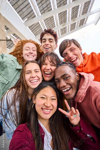 Stock Image: Vertical multi-ethnic group smiling student boys and girls taking selfie outdoors. Happy lifestyle concept of friendship in multicultural young people having fun day together. Seven partners enjoying. Student Life Photography, Group Selfie Ideas, Group Photoshoot Ideas, Group Selfie, Group Photoshoot, Taking Selfie, Usa People, Students Day, People Having Fun