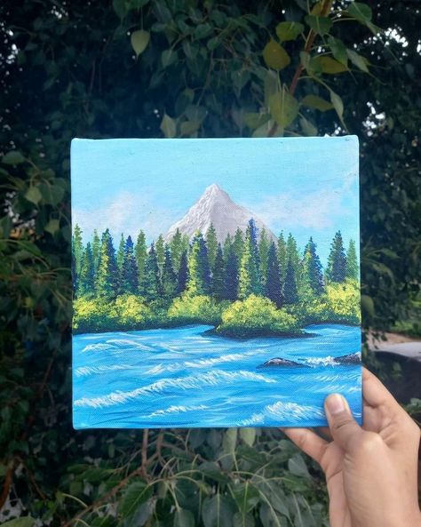 Small Canvas Scenery Painting, Small Square Canvas Painting Ideas, Crayon Art Diy, Canvas Acrylic Painting, Scenery Painting, Landscape Painting Tutorial, Small Canvas Paintings, Acrylic Painting Flowers, Scenery Paintings