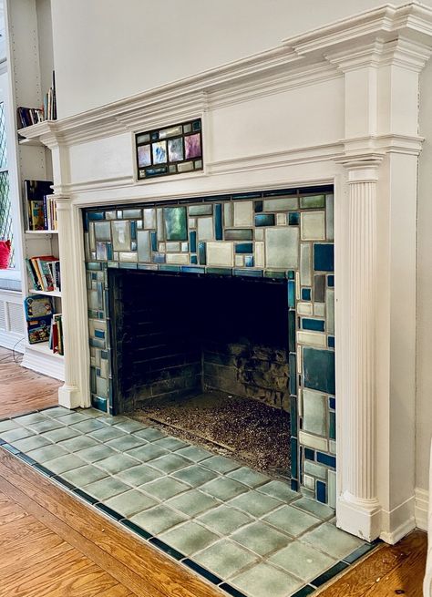 1920s Fireplace, Mosaic Tile Fireplace, Mosaic Fireplace, Fireplace Tile Ideas, Tiled Fireplace, Craftsman Fireplace, Pewabic Pottery, Fireplace Fronts, Classic Fireplace