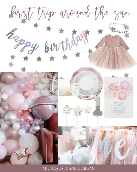 Luna First Birthday, Moon Themed First Birthday Party, First Trip Around The Sun Themed Birthday Party, First Birthday Moon Theme, Girly Space Themed Birthday Party, First Trip Around Sun Birthday, First Turn Around The Sun Birthday, First Trip Around The Sun Girl Birthday Party Girl, Girl Space Themed Birthday Party