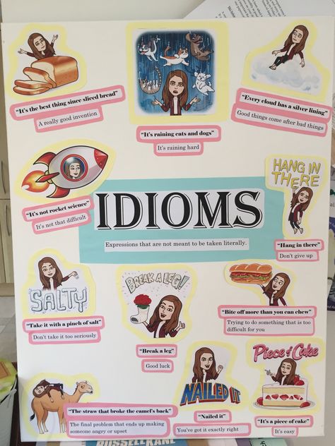 Idioms Chart Work, English Department Bulletin Board, Idioms Project Ideas, English Language Classroom Decoration, English Project For Exhibition, English Exhibition Ideas, English Class Ideas, English Exhibition Ideas For School, Esl Classroom Decor