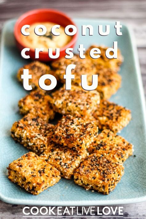 Crunchy and delicious coconut crusted tofu baked in the oven is one way I use to make tofu taste good. A quick and easy tofu marinade adds tons of flavor and a coconut panko breading make a crunchy outside create a delicious combination. Get the recipe and see all the amazing ways to use this vegan tofu recipe as an appetizer, on a salad and much more!  And don't forget to signup for my email list and get more recipes like this one straight to your inbox! Coconut Crusted Tofu, Vegetarian Bean Recipes, Tofu Baked, Coconut Tofu, Appetizers Vegetarian, Crusted Tofu, Breaded Tofu, Vegetarian Party Food, Baked Coconut