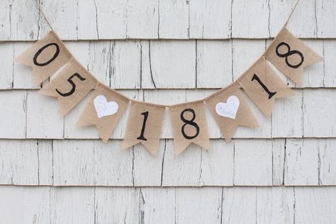 This listing is for a customized date burlap banner. ** Please leave me a note with the date needed on the banner. Banner details: -burlap pennants each measure 4.5 inches wide by 6.5 inches long. - two white hearts -numbers written in all black. -Flags are lightly treated to Couples Shower Decorations, Wedding Shower Banners, Engagement Party Banners, Bridal Shower Decorations Rustic, Engagement Banner, Rustic Shower, Couple Wedding Shower, Bridal Shower Banner, Bridal Shower Diy