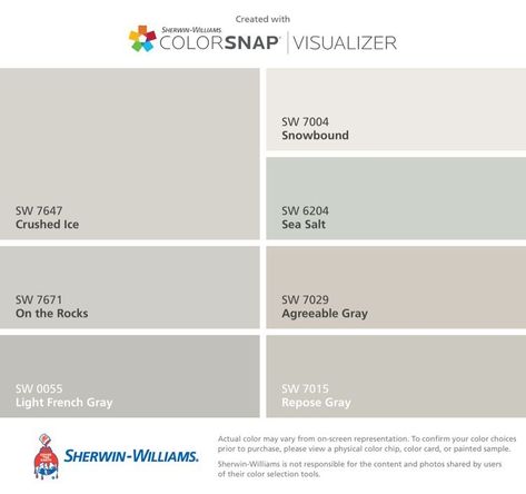 Sherwin Williams Paint Snowbound 7004 Light French Gray, Perfect Greige, Eider White, Anew Gray, Interior Paint Colors Schemes, French Gray, Repose Gray, Agreeable Gray, Paint Color Schemes