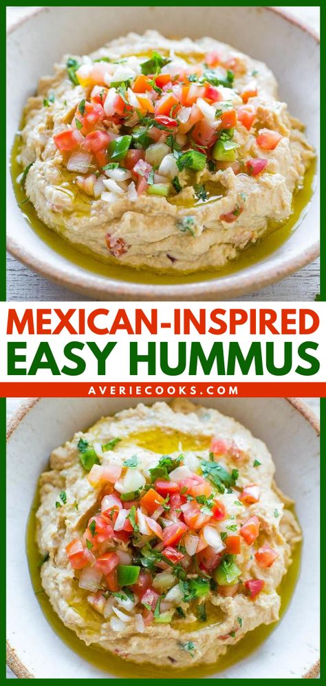 Easy Taco Hummus Recipe - Averie Cooks Taco Hummus, Classic Hummus, Mediterranean Recipes Healthy, Healthy Taco, Easy Hummus Recipe, Hummus Recipe Homemade, Averie Cooks, Easy Hummus, Vegan Hummus