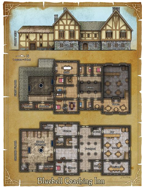 Midevil House Aesthetic, Inn Layout, Dnd House Map, Dnd Inn, Medieval Castle Layout, Fantasy Inn, Kobold Press, Castle Floor Plan, Rumah Minecraft Sederhana