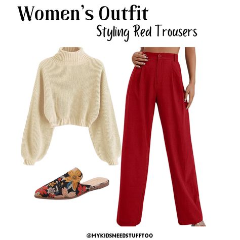 Red trousers. Neutral sweater. Funky mules. Womens red trouser outfit casual comfy How To Style Red Trousers, Red Trouser Outfit Women, Red Trousers Outfit Casual, Trouser Outfit Casual, Navy Jumper Outfit, Red Trousers Outfit, Hongkong Outfit, Street Style Women Winter, Fall Prep