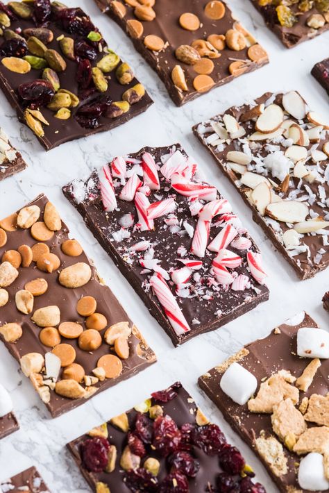 6 Christmas Chocolate Bark Recipes | Homemade Christmas gifts, Christmas recipes and more from @cydconverse Christmas Nougat, Christmas Chocolate Bark Recipes, Christmas Chocolate Bark, Chocolate Bark Recipes, Chocolate Bark Christmas, Bark Recipes, Christmas Bark, Homemade Chocolate Bars, Chocolate Bark Recipe