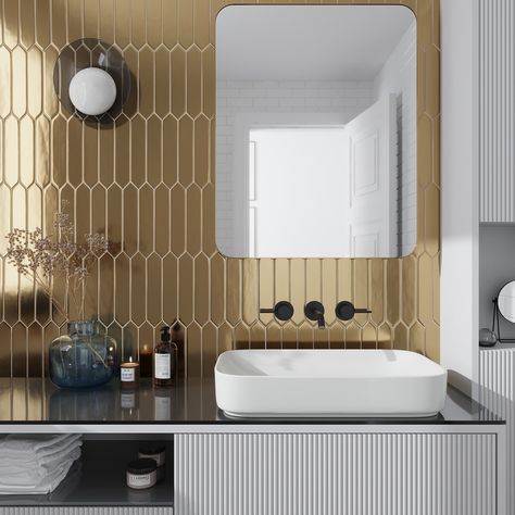 Hexagon Tile Shower Wall, Picket Tile, Finish Basement, Subway Tiles Bathroom, Gold Tile, Gold Palette, Bathroom Shower Tile, Subway Tiles, Wall Designs