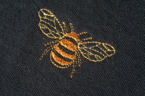 Bee Embroidery On Black Fabric, Embroidery Designs On Black Fabric, Embroidery Clothes T Shirts, Embroidery Black Fabric, Embroidery On Black Fabric, Bumblebee Embroidery, Metallic Wings, Holiday Loungewear, Bee Embroidery Design