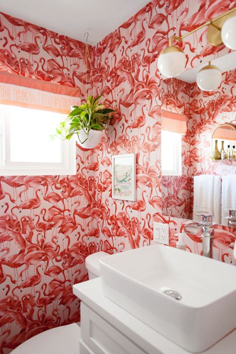 Mid-Century Resort Inspired Flamingo Bathroom Refresh – Melodrama. Flamingo Wallpaper Bathroom, Wall Stencil Bathroom, Flamingo Bathroom Decor, Flamingo Bathroom, Pink Flamingo Wallpaper, Minimalist Entryway, Modern Facade, Wallpaper Bathroom, Flamingo Wallpaper