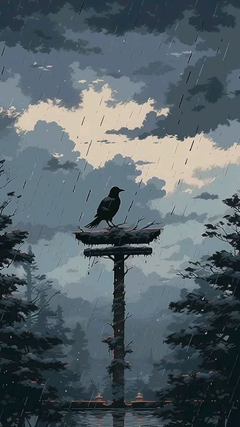 Rain Aesthetic Illustration, Rain Art Wallpaper, Pixel Rain Wallpaper, Raven Phone Wallpaper, Rainy Illustration Art, Crow Iphone Wallpaper, Crow Phone Wallpaper, Crow Wallpapers Aesthetic, Pixel Art Wallpaper Aesthetic