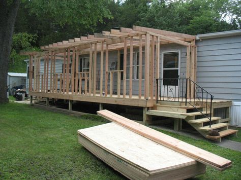 Mobile Home Sunroom -  during Small Lake House Plans, Mobile Home Addition, Manufactured Home Porch, Mobile Home Redo, Small Lake Houses, Mobile Home Makeovers, Mobile Home Renovations, Single Wide Mobile Homes, Deck Makeover