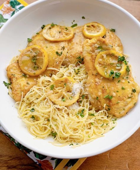 Chicken Francese with Angel Hair Pasta - Proud Italian Cook Chicken Francese With Pasta, Lemon Chicken Over Angel Hair Pasta, Lemon Angel Hair Pasta With Chicken, Chicken Francese Pasta, Chicken Piccata With Angel Hair Pasta, Chicken Cutlet Pasta, Chicken Angel Hair Pasta Recipes, Chicken And Angel Hair Pasta Recipes, Chicken With Angel Hair Pasta