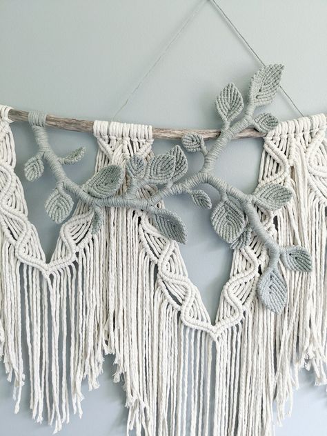 Macro May Wall Hanging, Macrame Vine Wall Hanging, Macrame On Branch, Macrame Wall Ideas, Mountain Macrame, Macrame Leaves Wall Hanging, Driftwood Macrame Wall Hanging, Green Macrame Wall Hanging, Macrame Driftwood