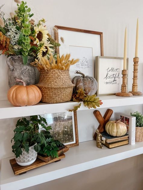 Fall Shelf Decor Ideas, White Bookshelf Decor, Halloween Lifestyle, Fall Shelf Decor, Fall Dining Room Decor, Creative Bookcases, Shelf Designs, Kitchen Shelf Decor, Shelves Kitchen