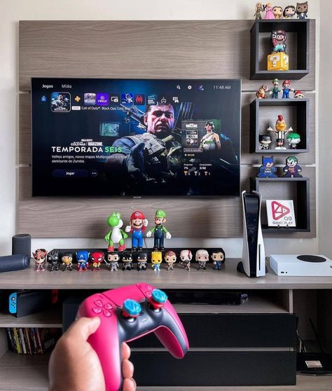 Playstation Area Design, Gaming Room Setup Playstation, Ps5 Room Ideas, Playstation Setup Ideas, Ps5 Game Room, Playstation Room Decor, Ps5 Set Up, Small Entertainment Room Ideas, Playstation Game Room