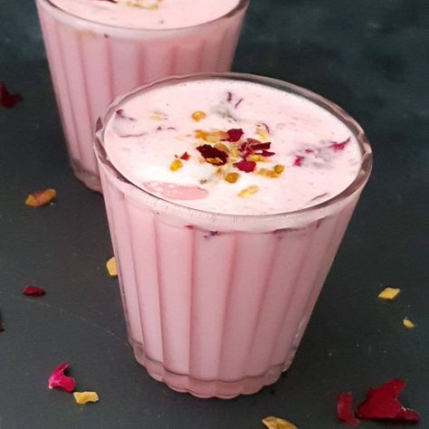 Rose Lassi Recipe Sweet Lemonade Recipe, Rose Lassi, Mango Mojito Recipe, Mushroom Masala Recipe, Lassi Recipe, Rose Syrup, Indian Drinks, Lassi Recipes, Mango Mojito