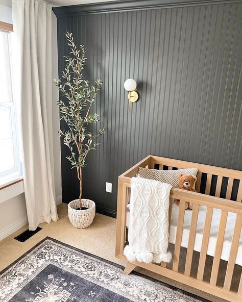 Sherwin-Williams on Instagram: “Creating an #SWSanctuary space can be as simple as adding an accent wall. Swipe ↔️ to see how @barcbybrettandali used beadboard, sconces,…” Bead Board Walls Bedroom, Dark Beadboard, Beadboard Nursery, Beadboard Bedroom, Beadboard Accent Wall, Painted Beadboard, Bronze Bedroom, Urbane Bronze, Bead Board Walls