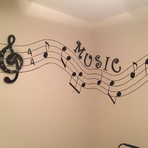 Music wall with our painted notes. Music Mural Ideas, Wall Painting Ideas Aesthetic, Music Mural, Music Wall Decal, Music Room Art, Music Room Wall, Music Classroom Decor, Home Wall Painting, Spanish Music