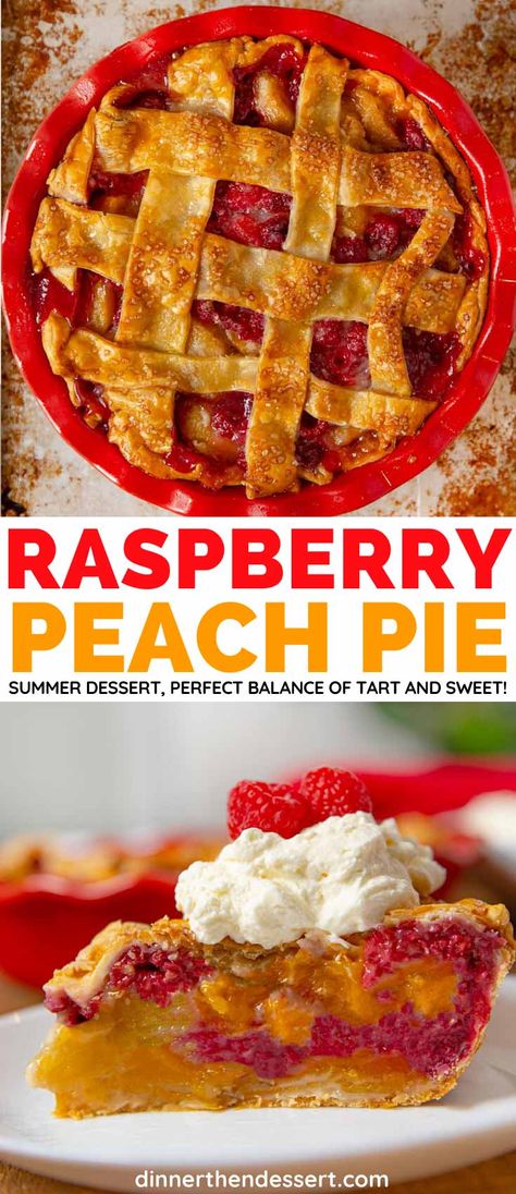 This Raspberry Peach Pie is a fresh summer dessert filled with sweet, juicy peaches and tart raspberries. #peachpie #raspberrypie #pie #raspberrypeachpie #fruitdessert #dessert #summerdessert #dinnerthendessert Summer Pie Recipes, Fresh Fruit Desserts, Peach Raspberry, Dinner Then Dessert, Summer Pie, Raspberry Pie, Raspberry Recipes, Fruit Pie, Peach Pie