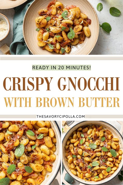 A bowl and a pot of crispy gnocchi with brown butter, sage and prosciutto. Brown Butter Sage Gnocchi, Brown Butter Gnocchi, Butter And Sage Sauce, Butter Gnocchi, Crispy Gnocchi, Fried Gnocchi, Pan Fried Gnocchi, Gnocchi Recipes Easy, Brown Butter Sage