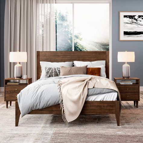 Mid Century Bed, Furniture Mid Century, Contemporary Design Style, Solid Wood Platform Bed, Inspire Me Home Decor, Headboard Designs, Wood Platform Bed, Panel Bed, Platform Bed Frame