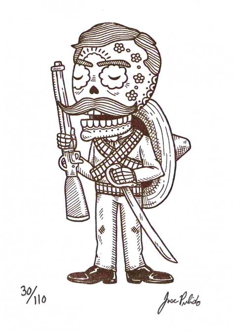 Calavera de Emiliano Zapata por José Pulido Revolution Tattoo, Mexican Tattoo, Mexican Art Tattoos, Mexican Revolution, Day Of The Dead Art, Pattern Coloring Pages, Sugar Skull Art, Skeleton Art, Alien Art