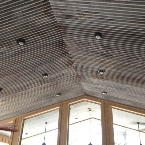 Sheet Metal Ceiling Ideas, Corigated Metal Ceiling, Metal Ceiling Ideas Corrugated Sheets, Galvanized Ceiling Ideas, Corigated Metal, Metal Ceilings, Steel Homes, Metal Shop Building, Metal Building Kits