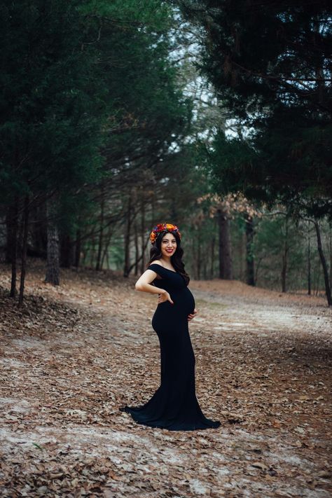 Long black dress maternity photos Black Dress Maternity Photos, Black Dress Maternity Shoot, Halloween Maternity Photoshoot, October Maternity Pictures, Black Dress Maternity Pictures, Black Dress Maternity, Dream Photoshoot, Halloween Maternity, Family Photo Outfits Winter