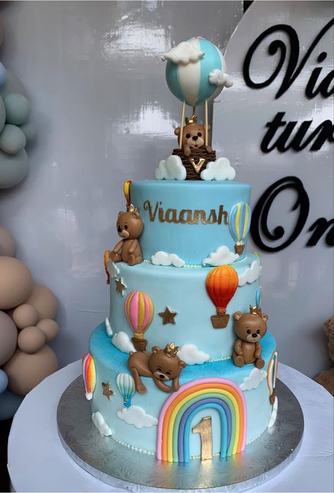 Birthday Cake For 1 Year Boy, Cake For Baby Boy 1 Year, Baby Boy Birthday Cake 1 Year, Hot Air Balloon First Birthday Cake, Teddy Bear One Year Old Birthday Cake, Bear And Hot Air Balloon Cake, One Year Birthday Cake, 1st Year Cake, Teddy Bear Moon Stars Cake