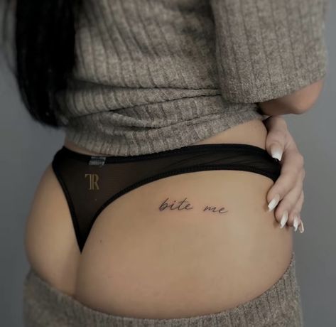 Cheek Tattoo For Women, Bum Cheek Tattoo, Women Tattoo Back, Bite Me Tattoo, Husband Name Tattoos, Kiss Tattoos, Blow Dry Hair, Discreet Tattoos, Name Tattoo